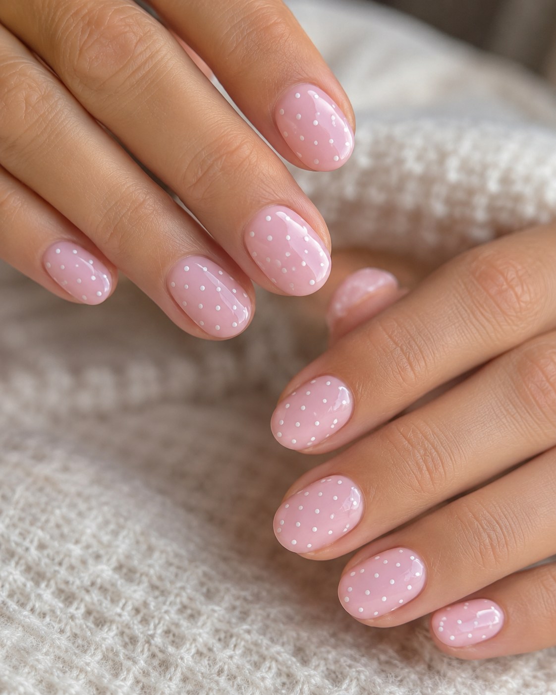 Soft pastel pink short nails scattered with tiny white polka dots for a dainty finish