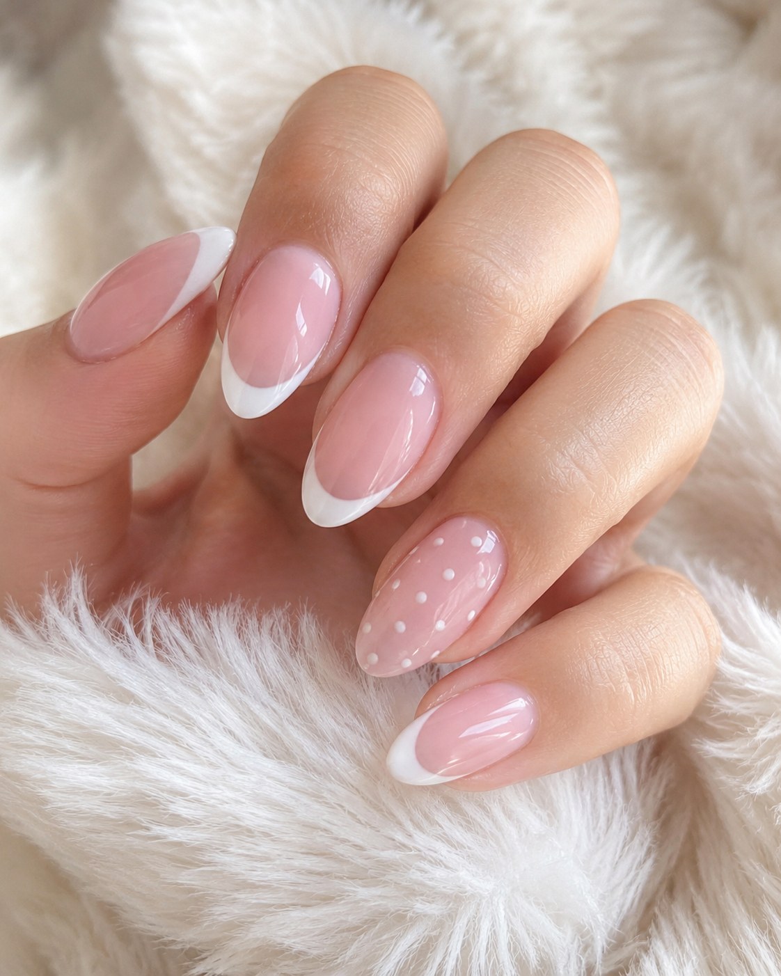 Short almond pink short nails featuring white French tips and a polka dot accent nail