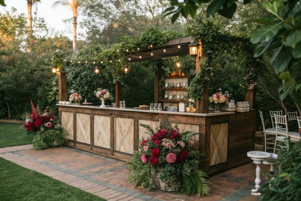 Outdoor backyard wedding beverage station