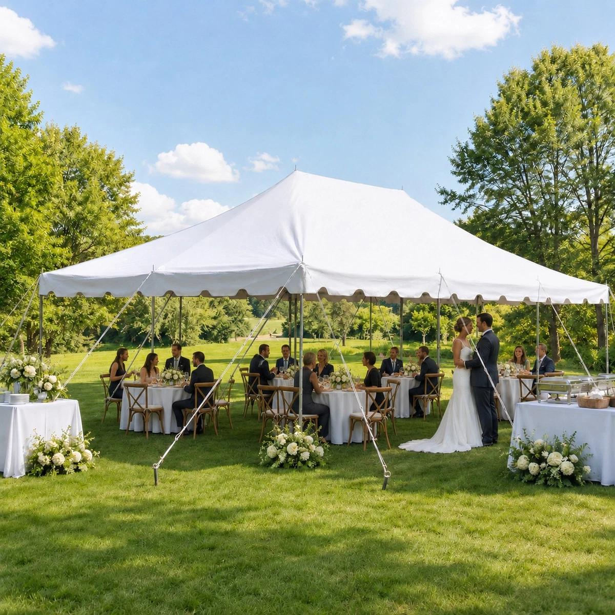Weather proof backyard wedding tent setup