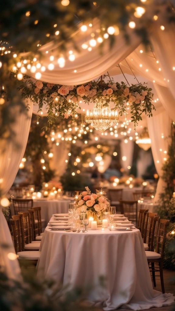 Romantic indoor wedding reception with soft lighting