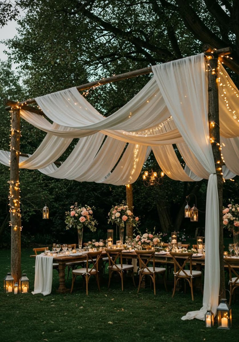 Backyard wedding string light canopy