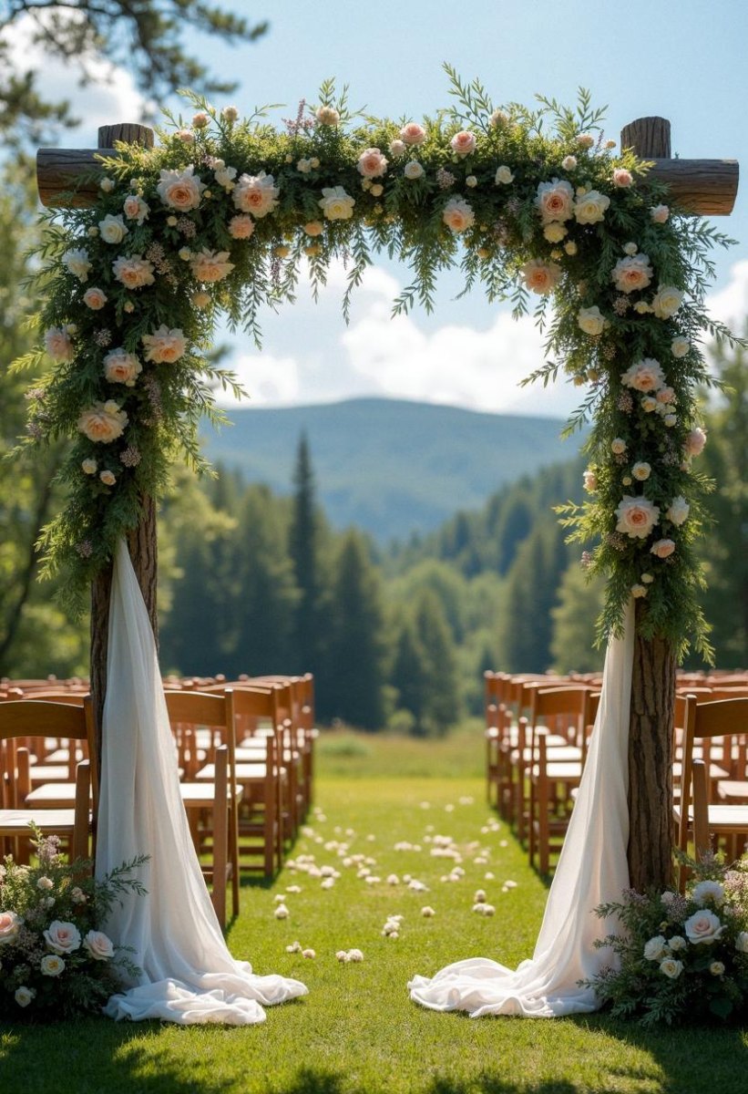 Rustic wooden wedding arch with flowers