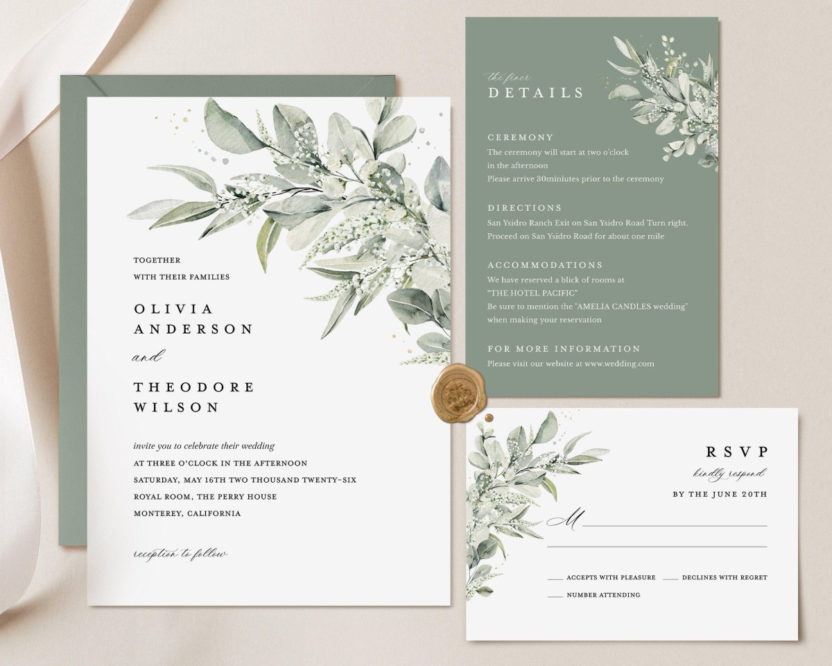 sage green boho wedding invitation suite