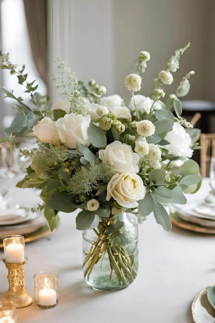 Sage green floral arrangements white blooms