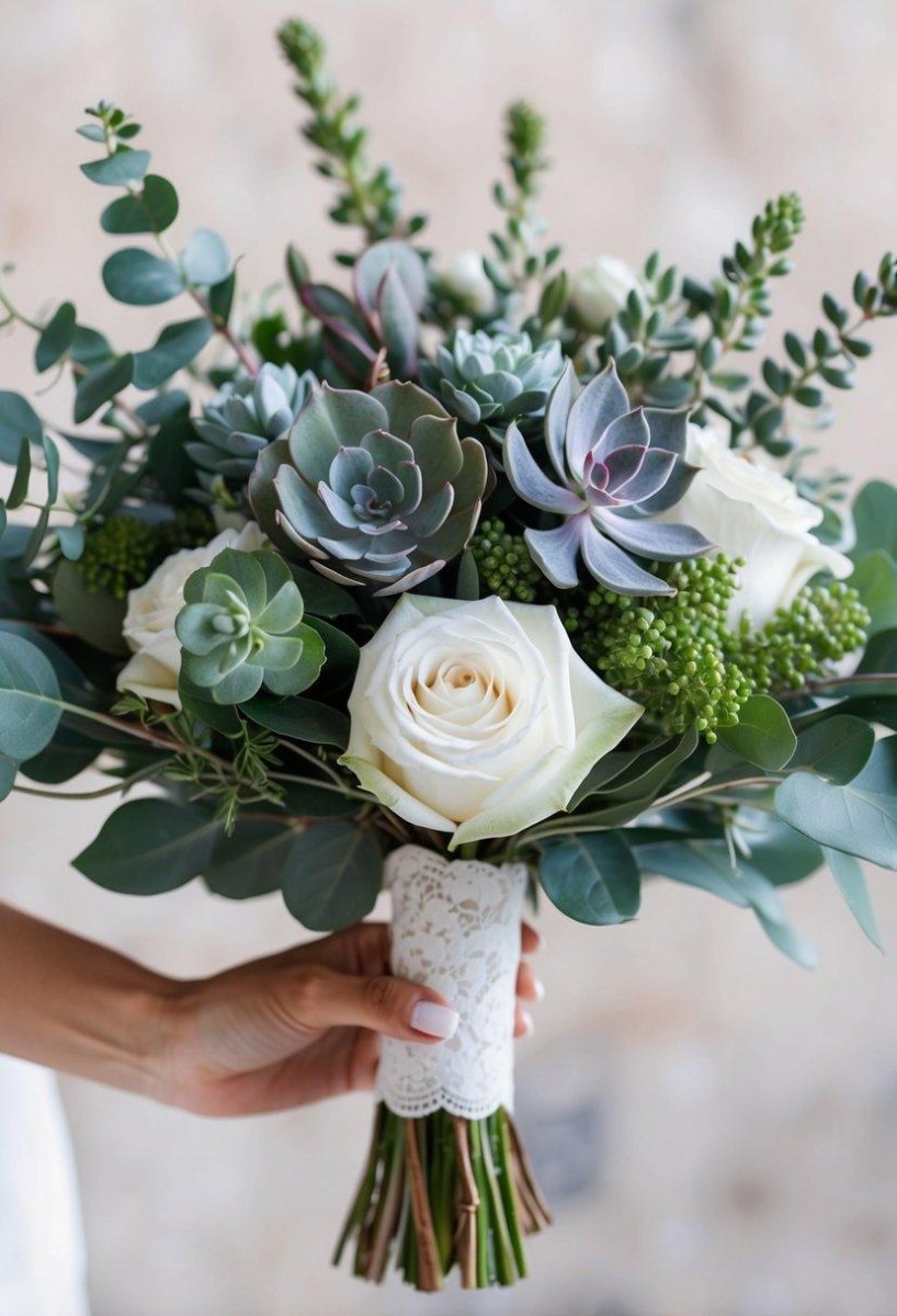 Succulent sage greenery wedding bouquet