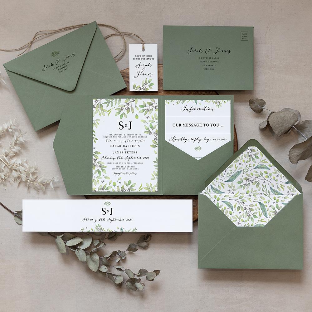 Sage green wedding invitations stationery