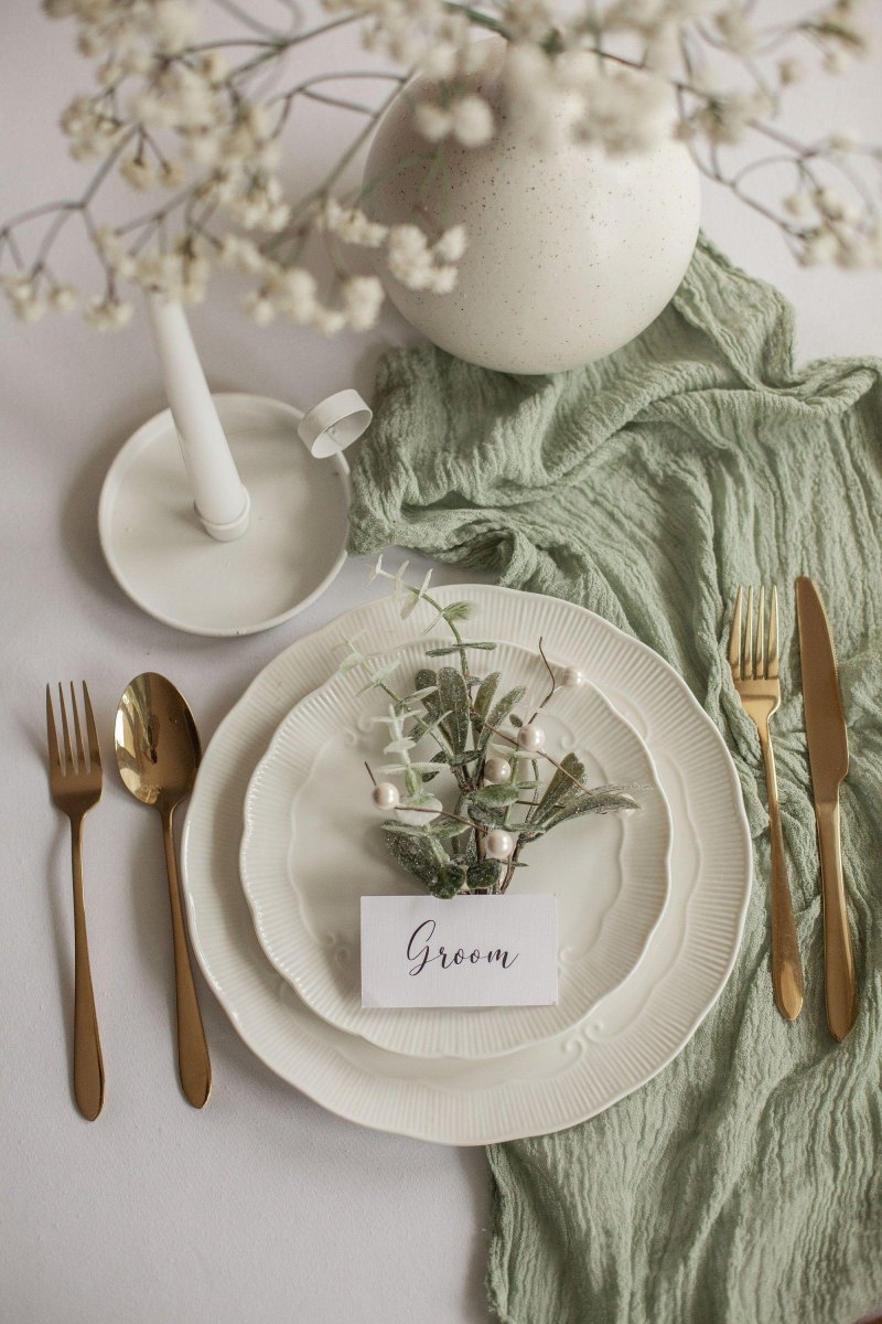Sage green table runner place cards