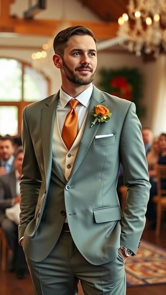 Sage terracotta groom attire