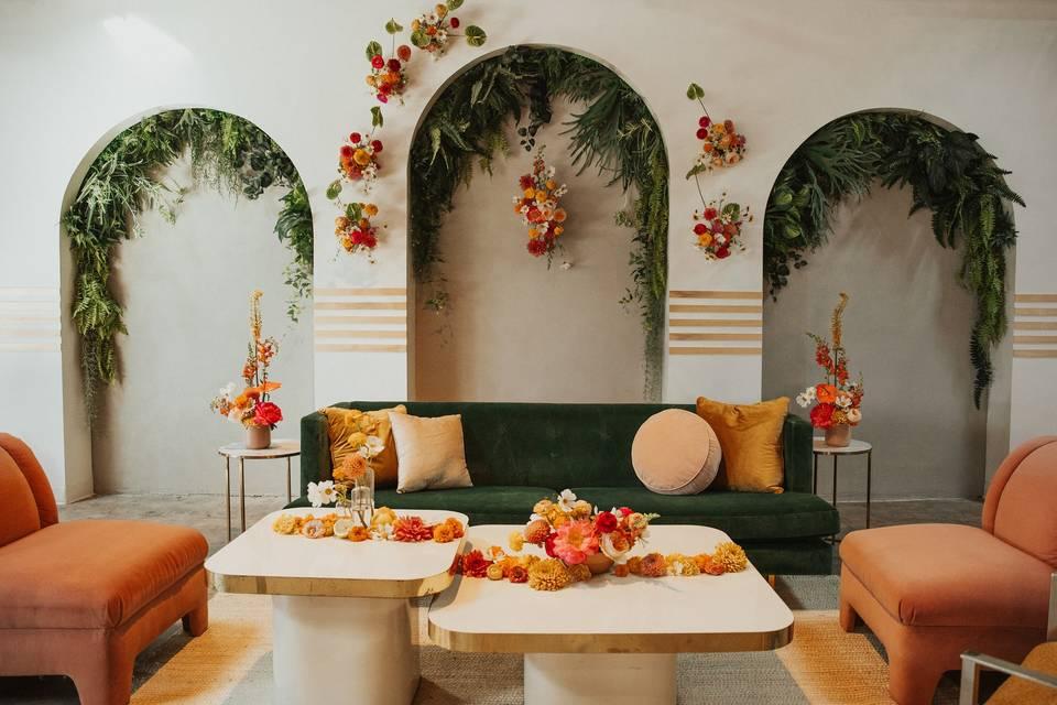 Sage terracotta wedding lounge decor