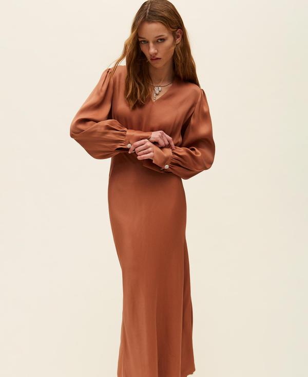 Satin sleeve autumn wedding guest dress