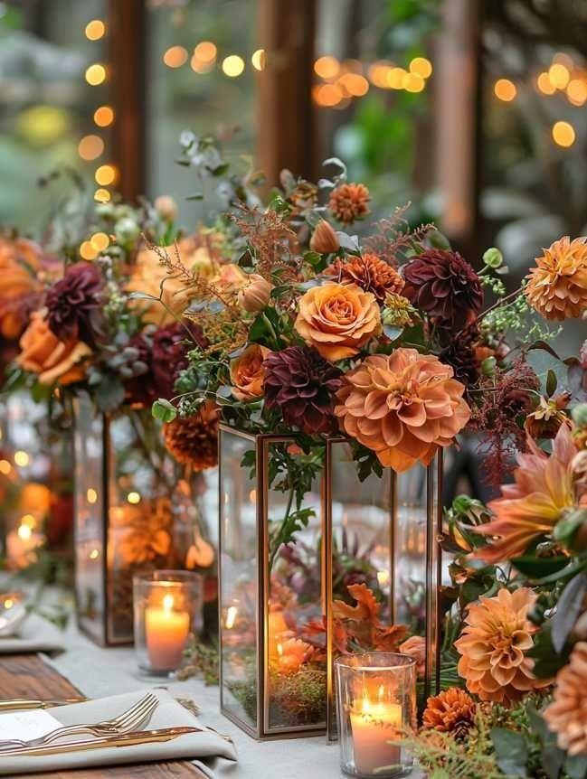 Seasonal floral centerpiece at fall wedding