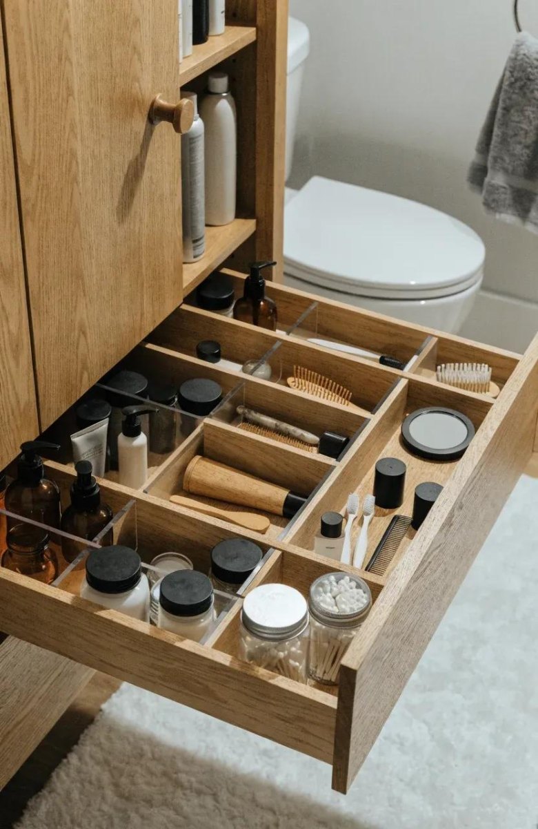 Bathroom drawer with separated backup supplies