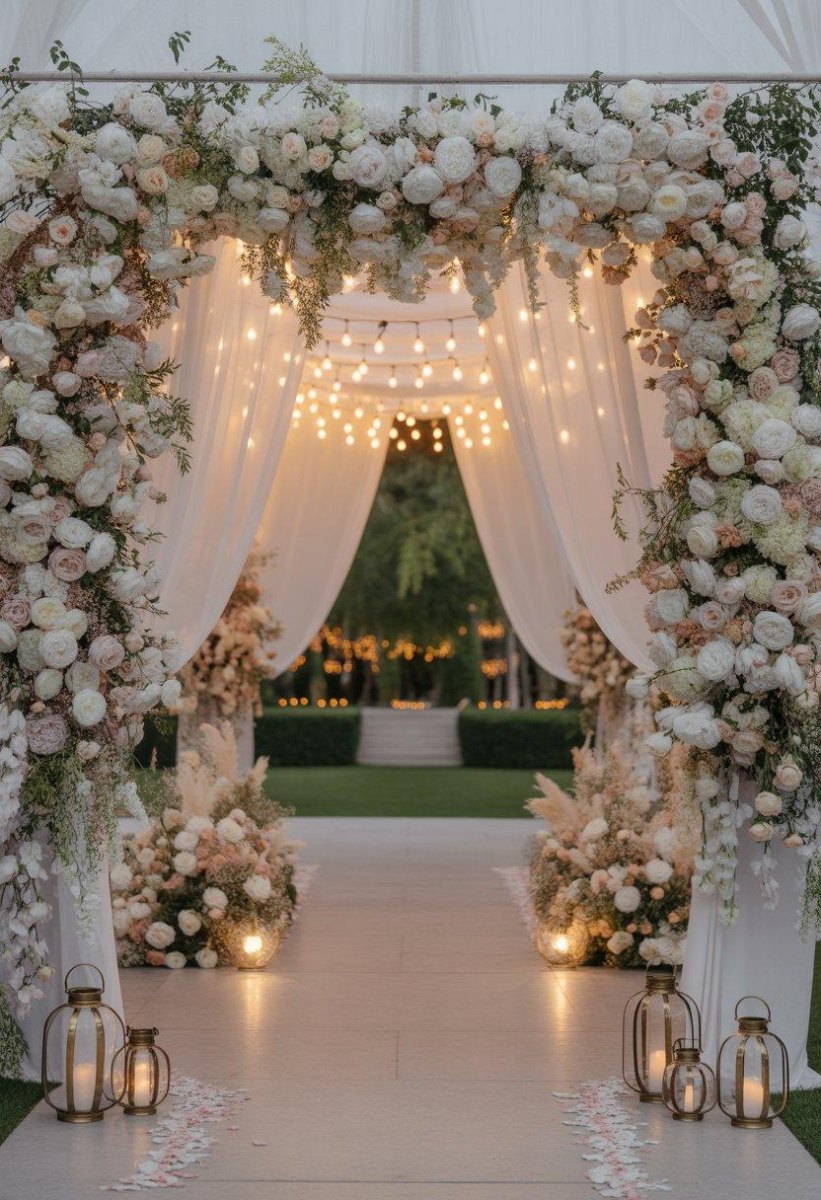 Elegant backyard wedding entrance decor