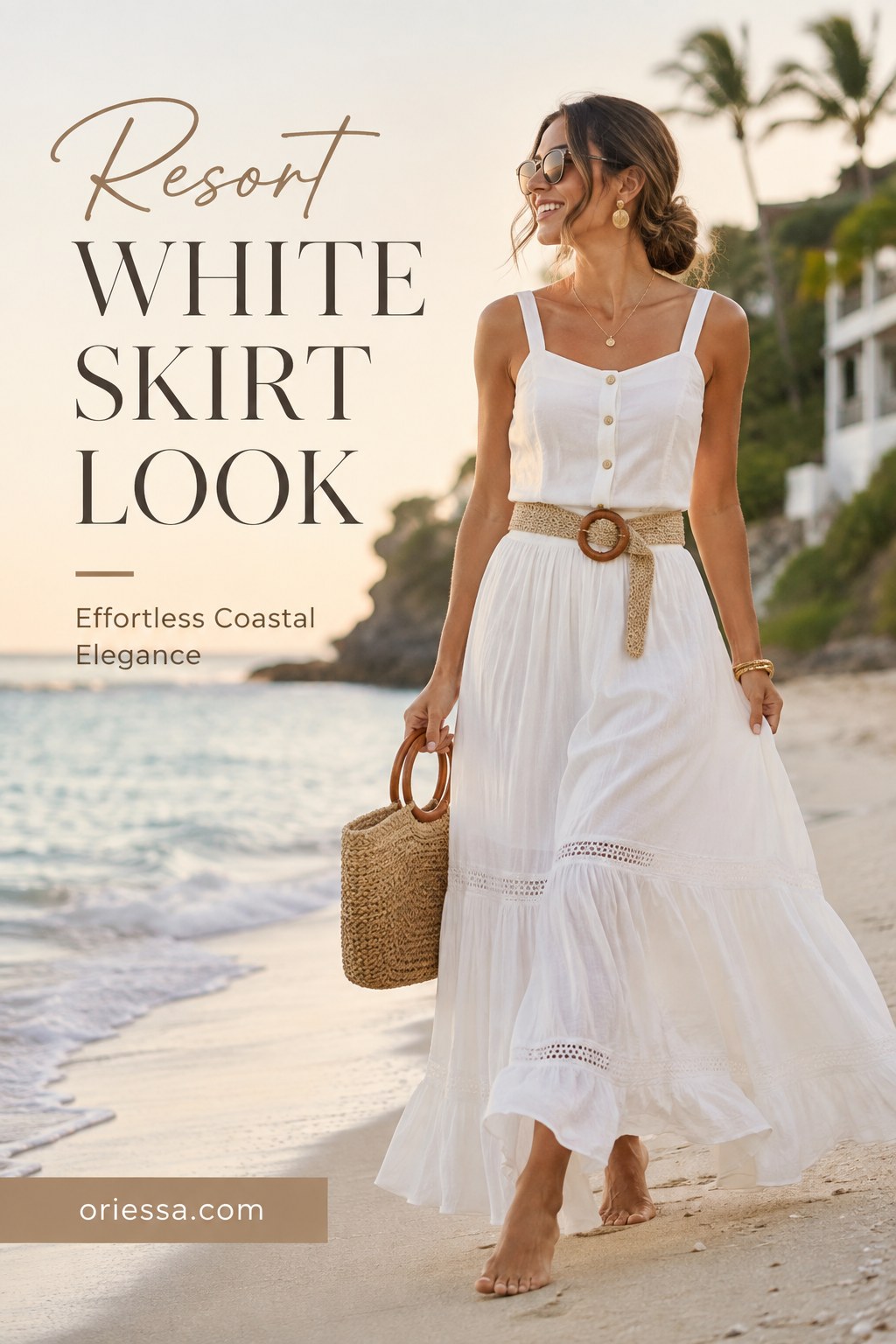 White tiered resort maxi skirt with crochet trim worn on a beach at sunset