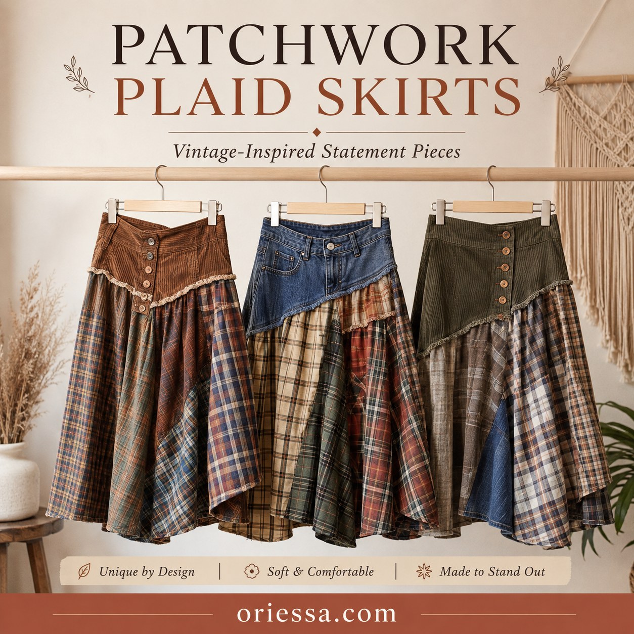 Patchwork plaid skirts with corduroy waistbands, a DIY statement piece for women over 40