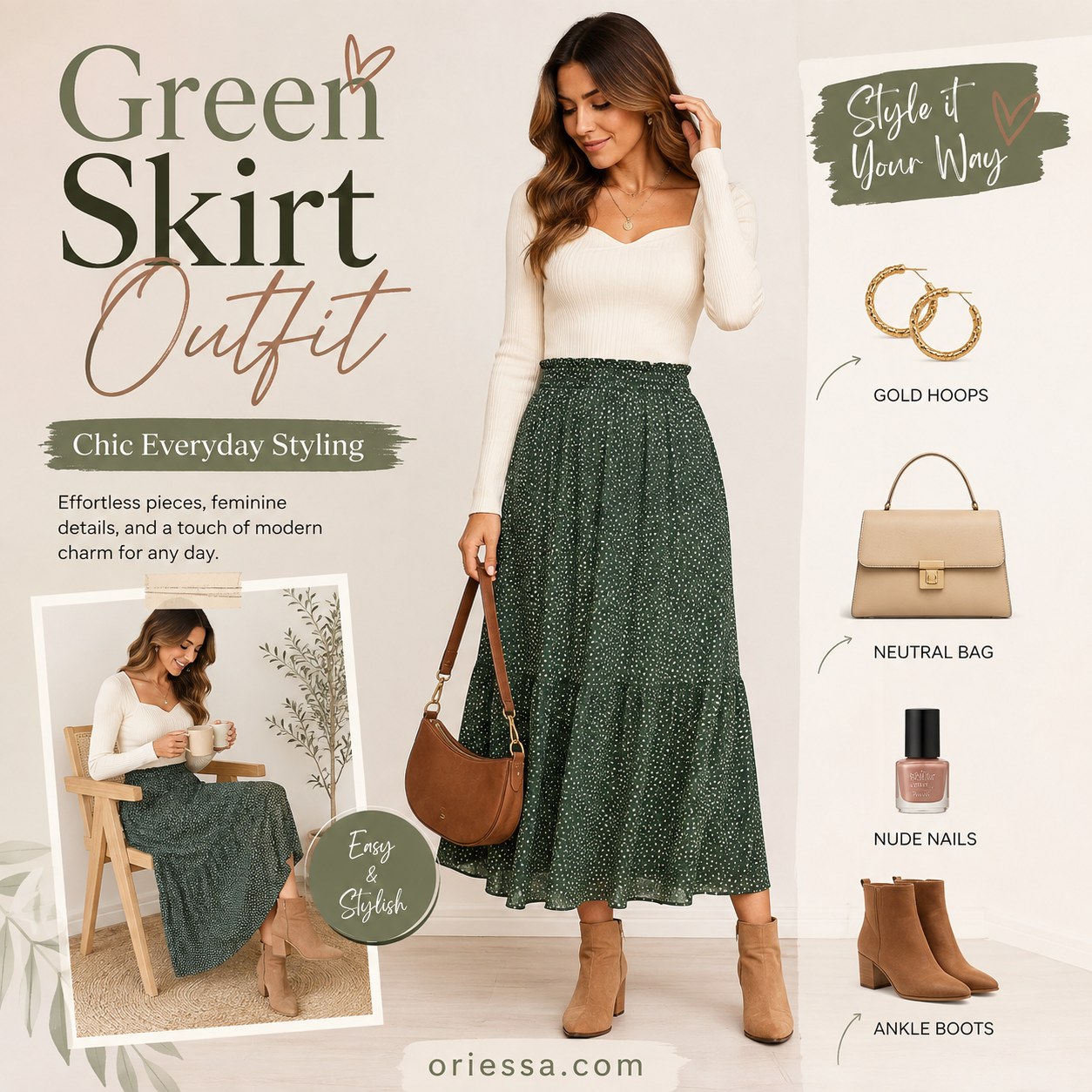 Green tiered polka-dot skirt styled with ankle boots, gold hoops, and a neutral bag