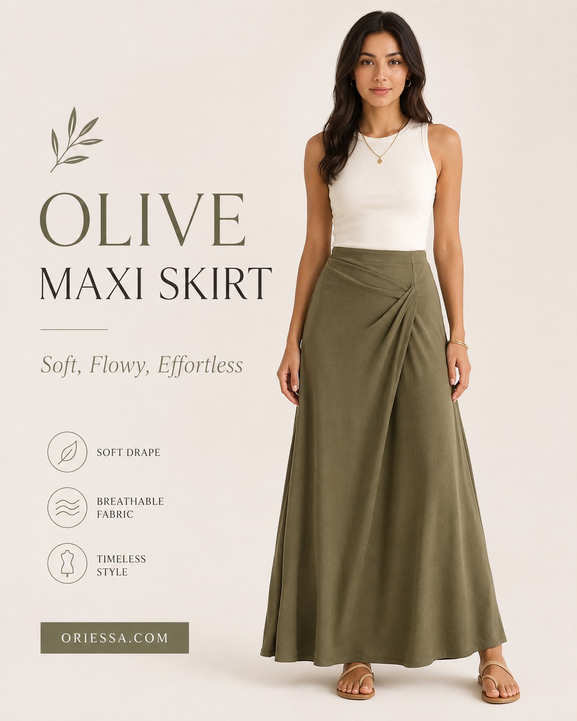Solid olive wrap maxi skirt with soft drape, a timeless skirt for women over 40