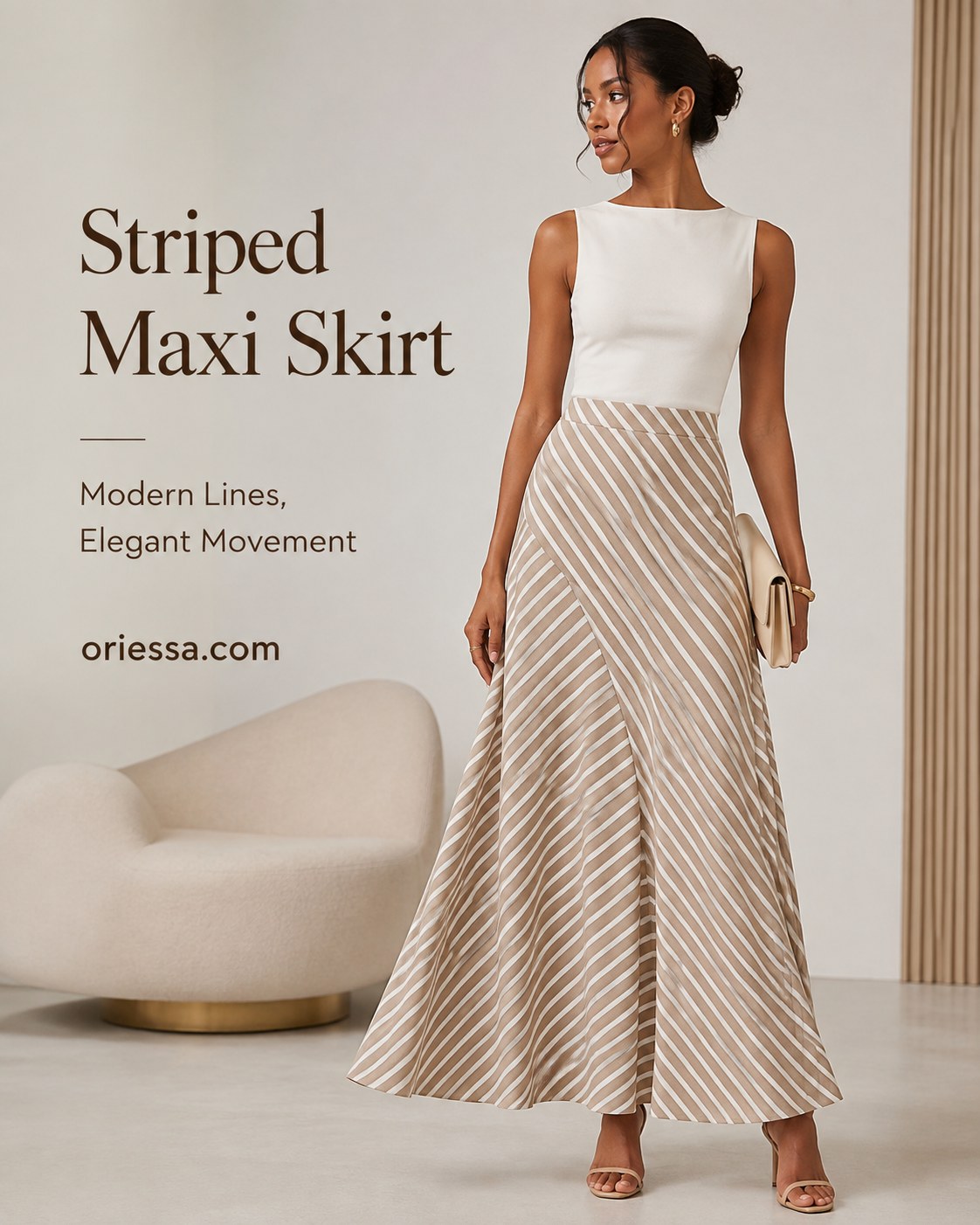 Striped bias-cut maxi skirt paired with a white sleeveless top for elegant movement