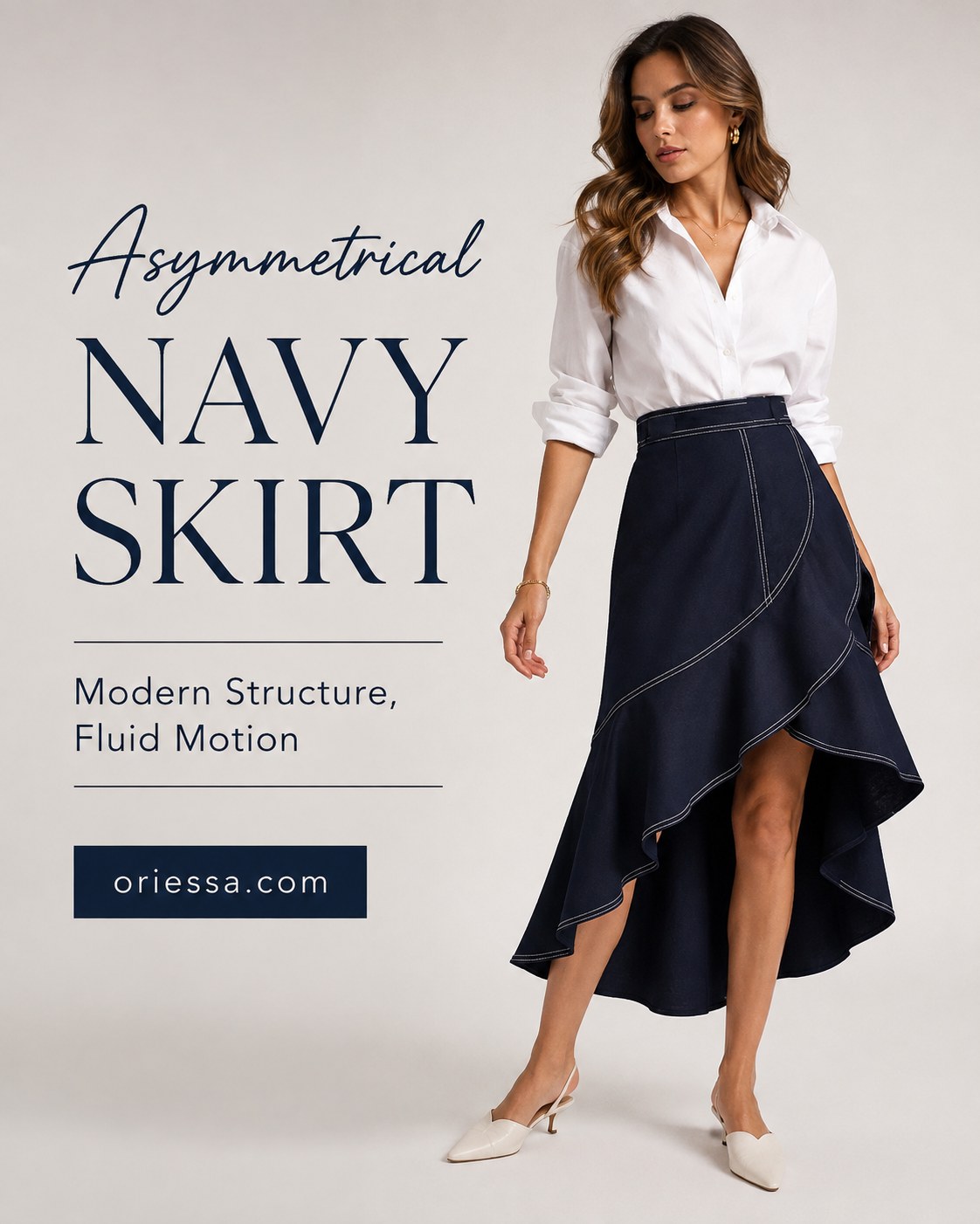 Asymmetrical navy skirt with contrast stitching and a high-low ruffle hem