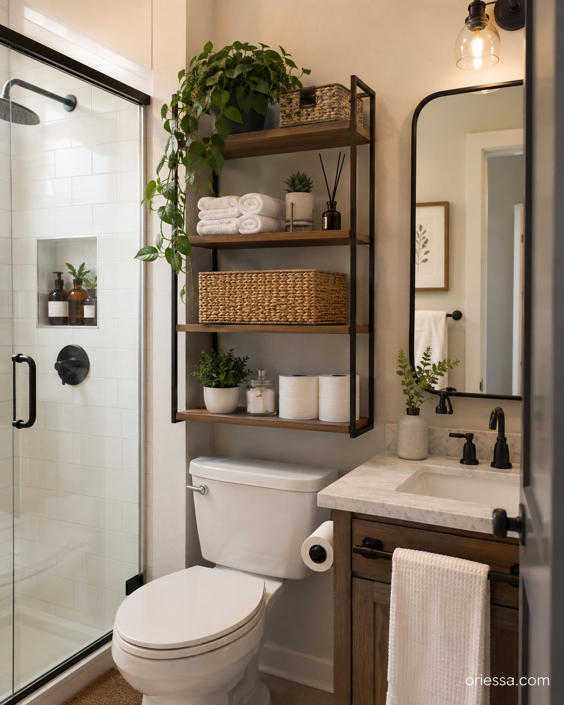 Freestanding wood and metal over-toilet etagere shelf as a small bathroom storage solution