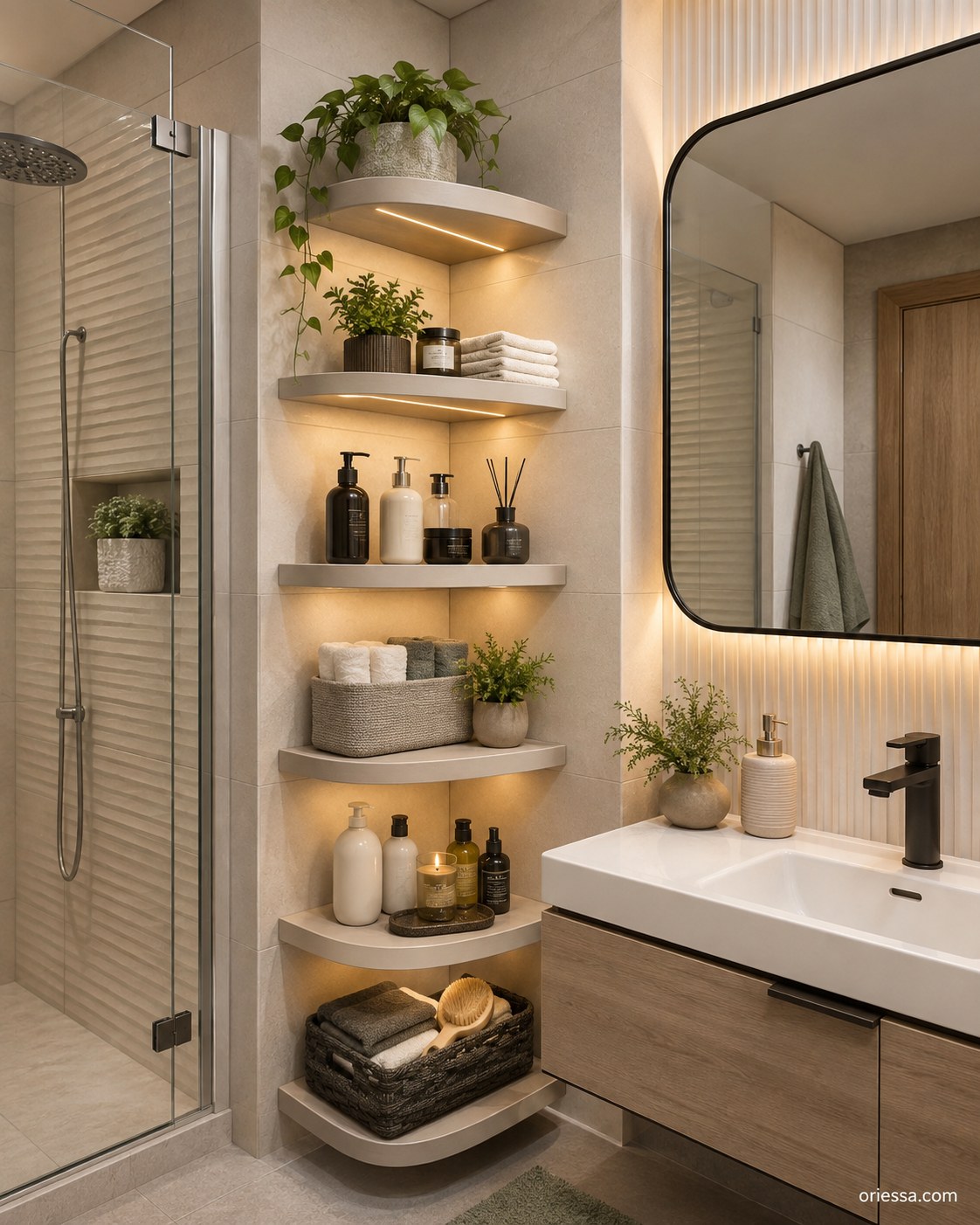 Tiered lit corner floating shelves demonstrating small bathroom storage solutions for an awkward dead corner