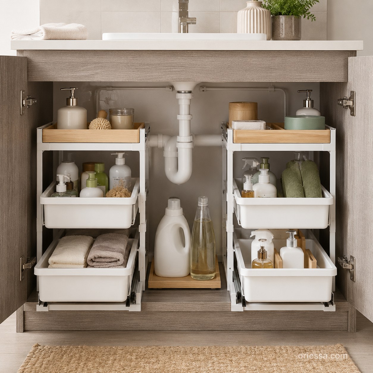 Under-sink pull-out drawer carts fitted around plumbing as a small bathroom storage solution