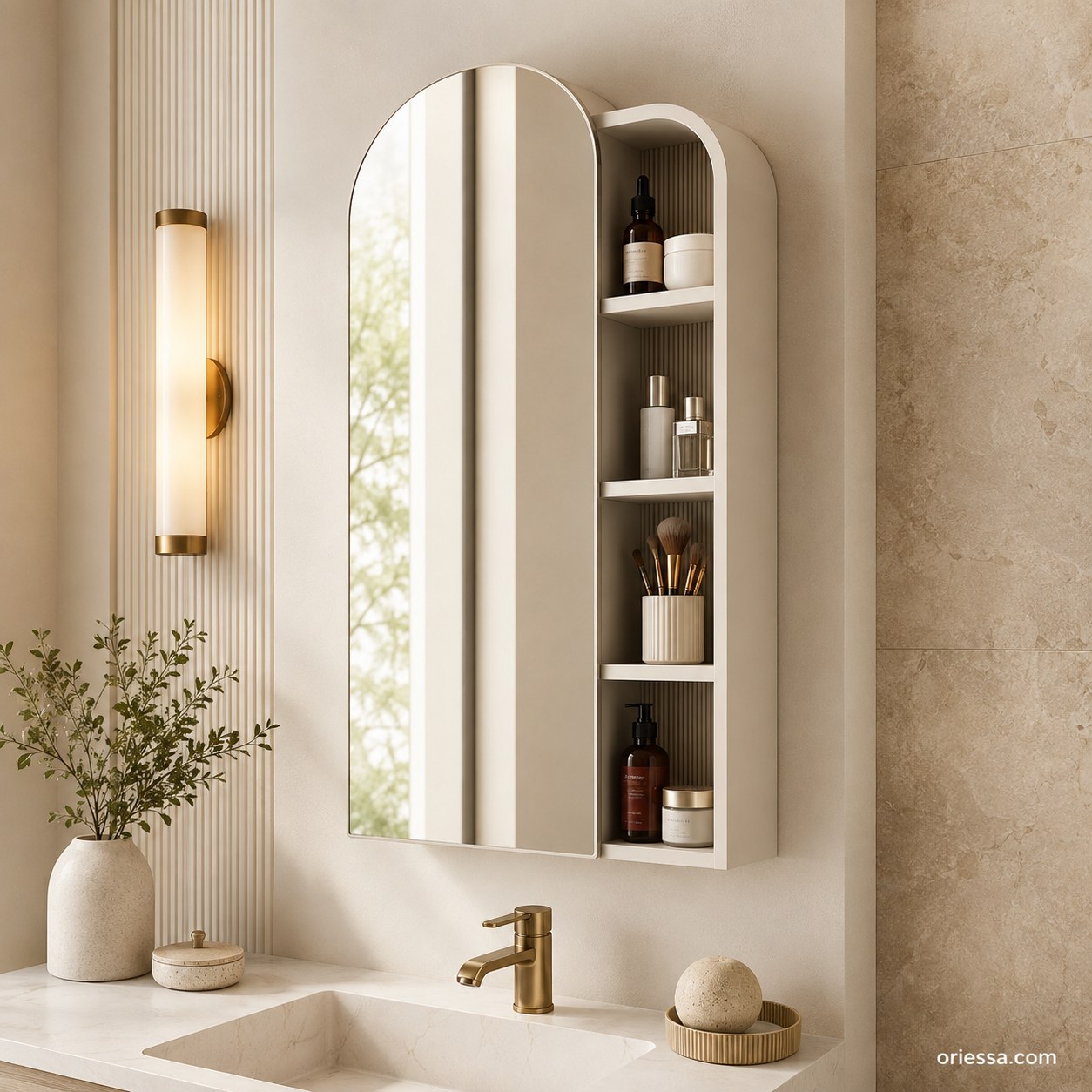 Arched mirror medicine cabinet open to reveal hidden shelf storage, a compact small bathroom storage solution