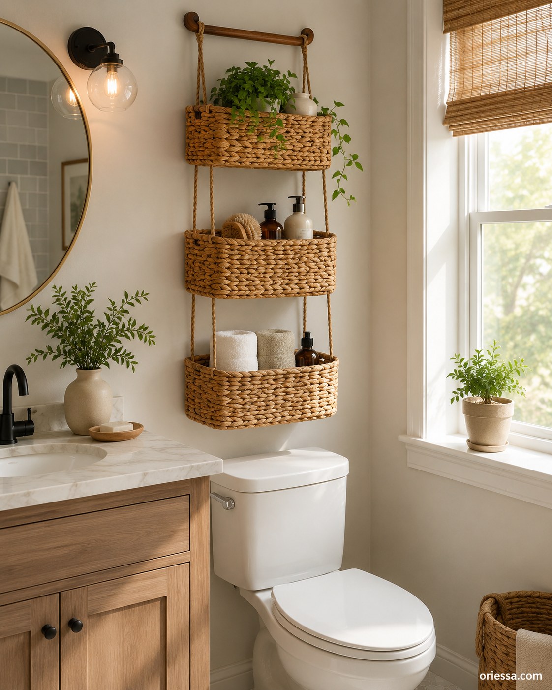 Three-tier hanging woven baskets over a toilet showing a boho small bathroom storage solution