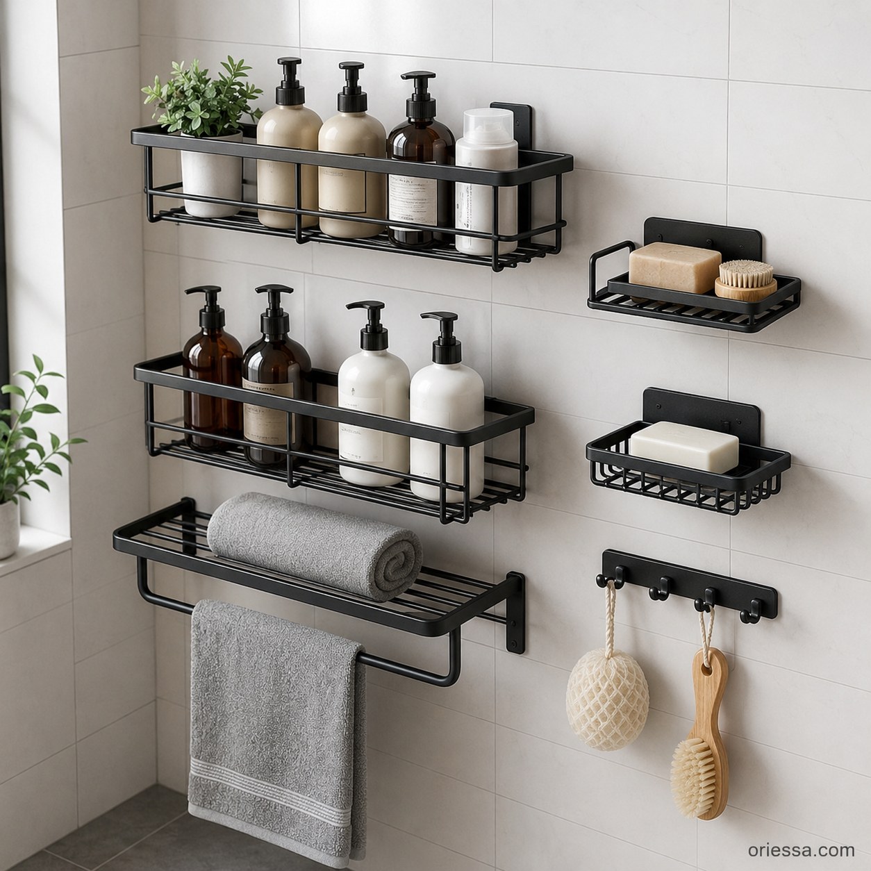 Black wire wall-mounted racks and hooks showing a no-drill small bathroom storage solution for renters