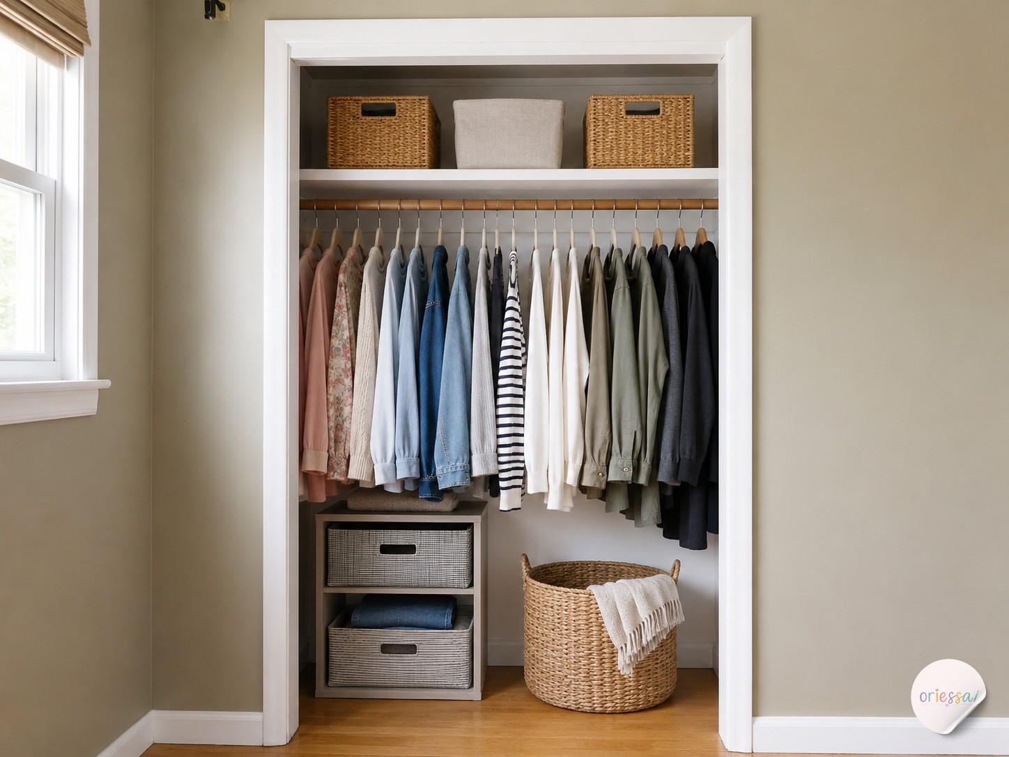 Adjustable pegboard shelving turns a plain reach-in into one of the best small closet organization ideas for hanging space.
