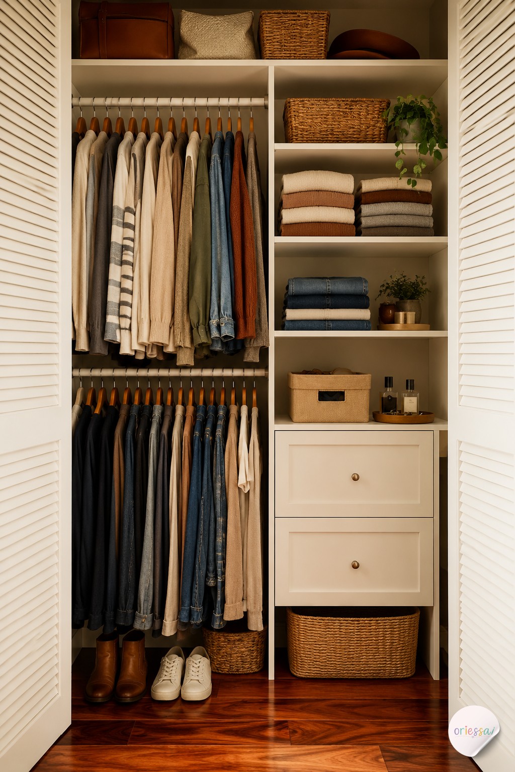 Stacked clear acrylic bins keep folded sweaters visible, a favorite among small closet organization ideas.