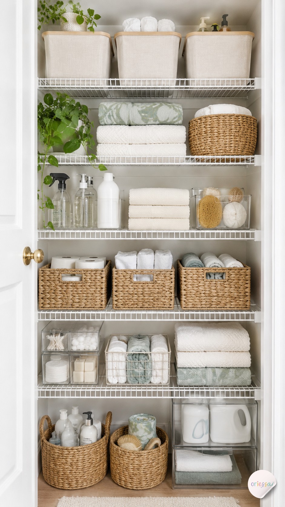A double-hang rod system doubles hanging capacity, a genius small closet organization idea for shirts and pants.