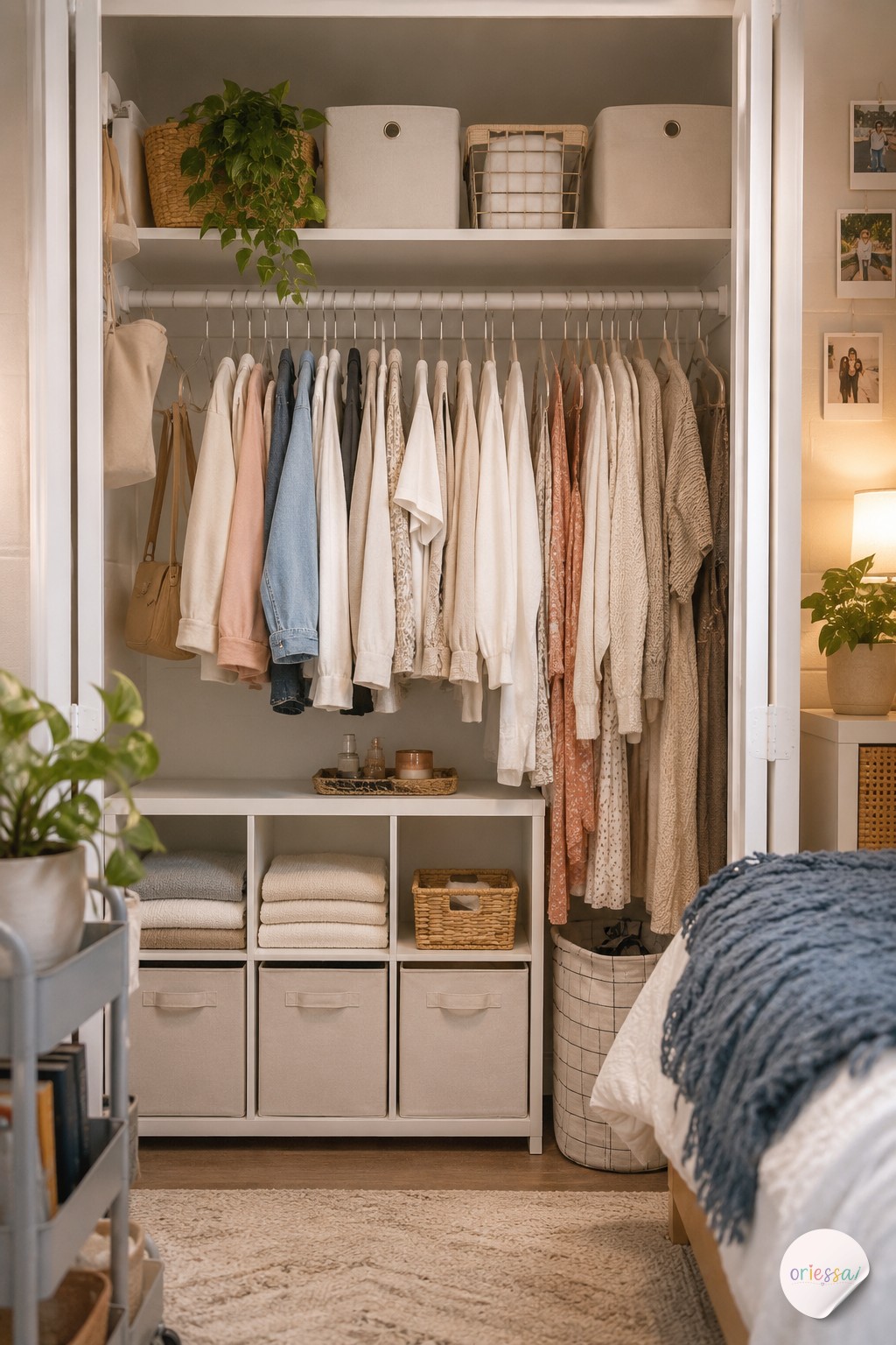 A hanging canvas shelf organizer holds rolled towels without a single tool, a renter-friendly small closet idea.