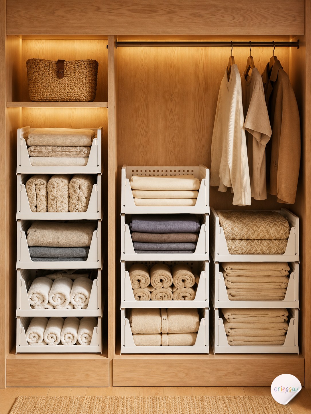 Labeled fabric bins on open shelving make zone-based folding one of the simplest small closet organization ideas.