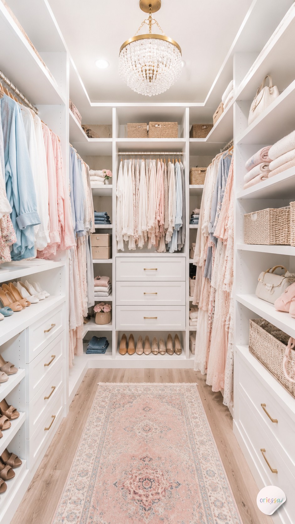 A hanging shelf-and-rod combo unit adds folded storage above an existing rod in a tight closet.