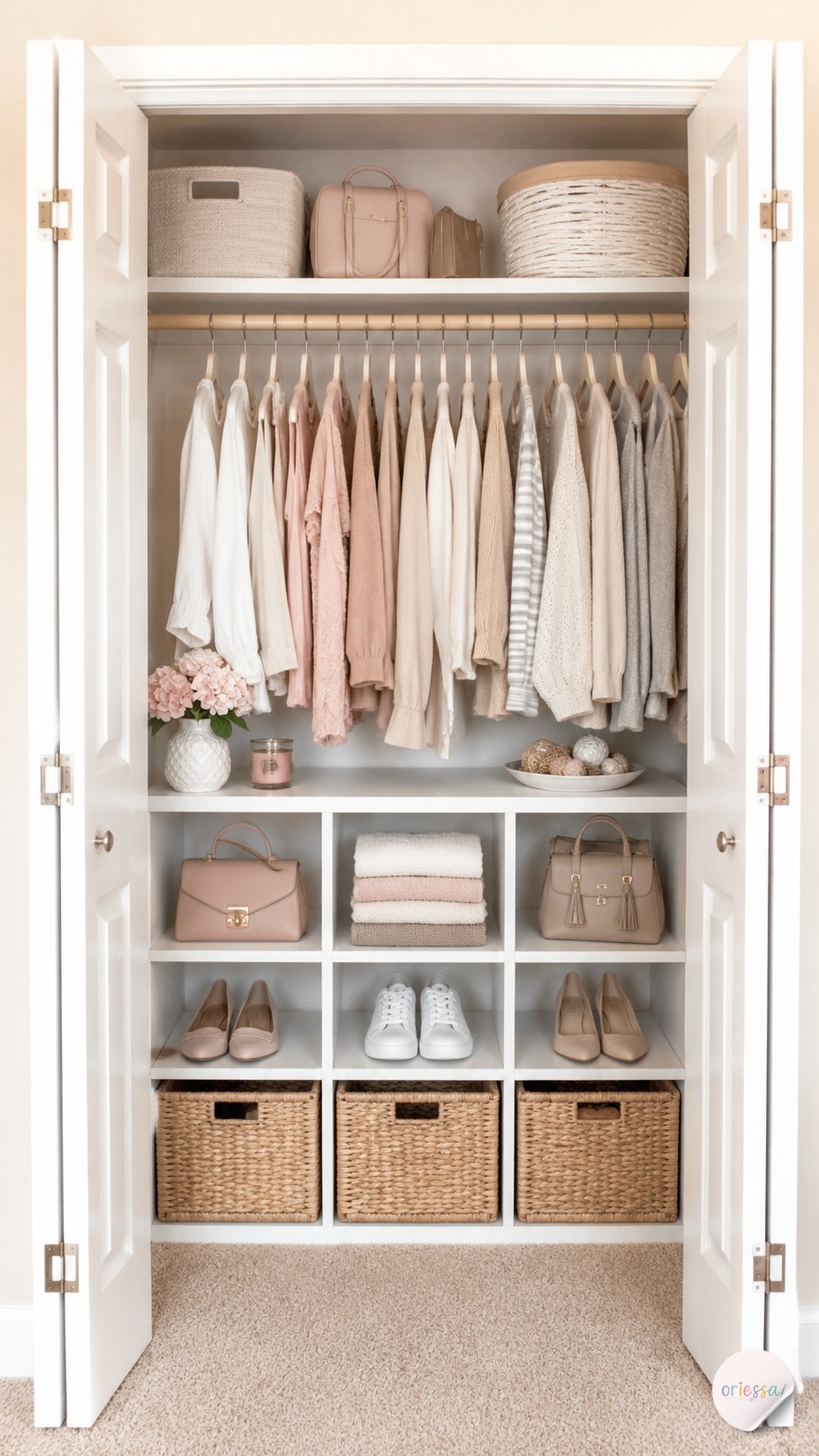 An over-the-door pocket organizer tucks scarves away, one of the easiest small closet organization ideas.