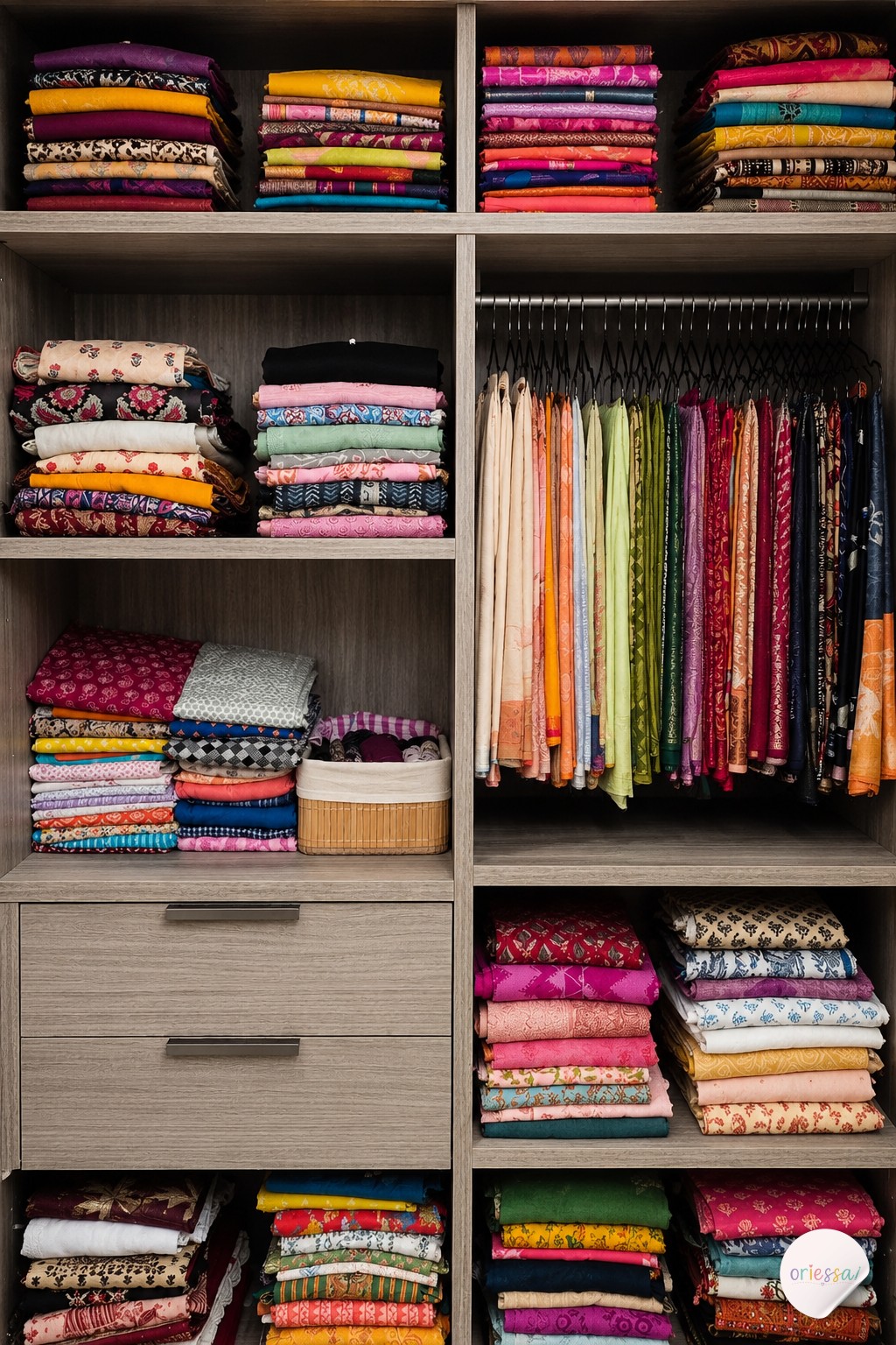 A velvet-lined pull-out jewelry drawer keeps rings and bracelets tangle-free inside a small closet.