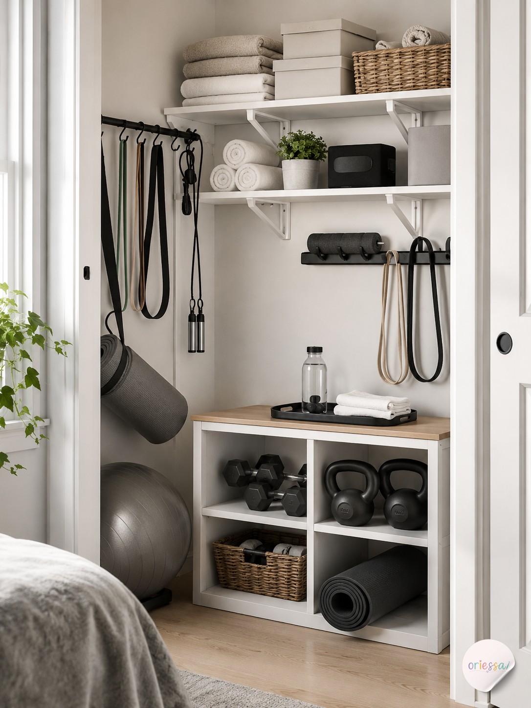 A swivel tie and belt rack mounts on the wall, proving small closet organization ideas don't need floor space.