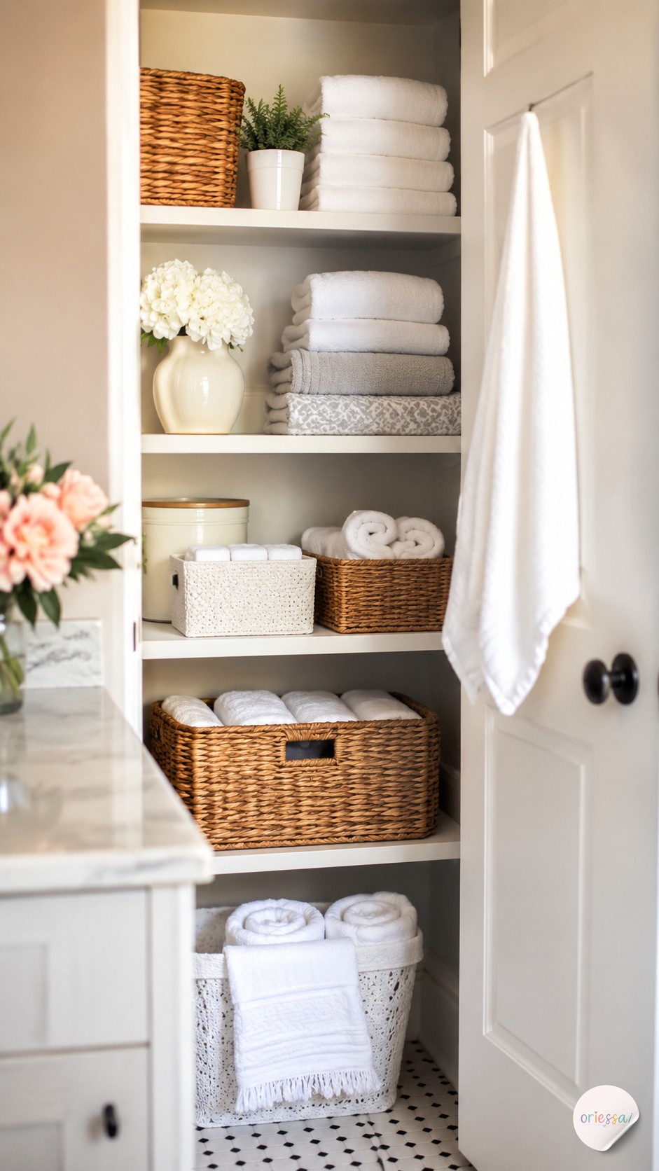 A built-in shoe cubby insert slots sneakers neatly, solving small closet organization ideas for floor clutter.