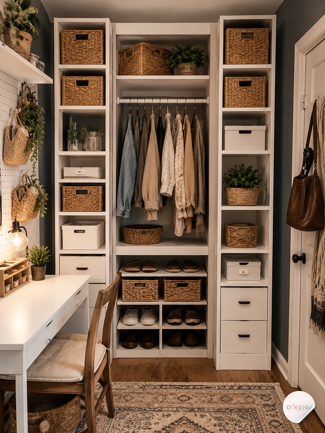 Stacked wire basket drawers store folded t-shirts in a slim closet nook with great airflow.