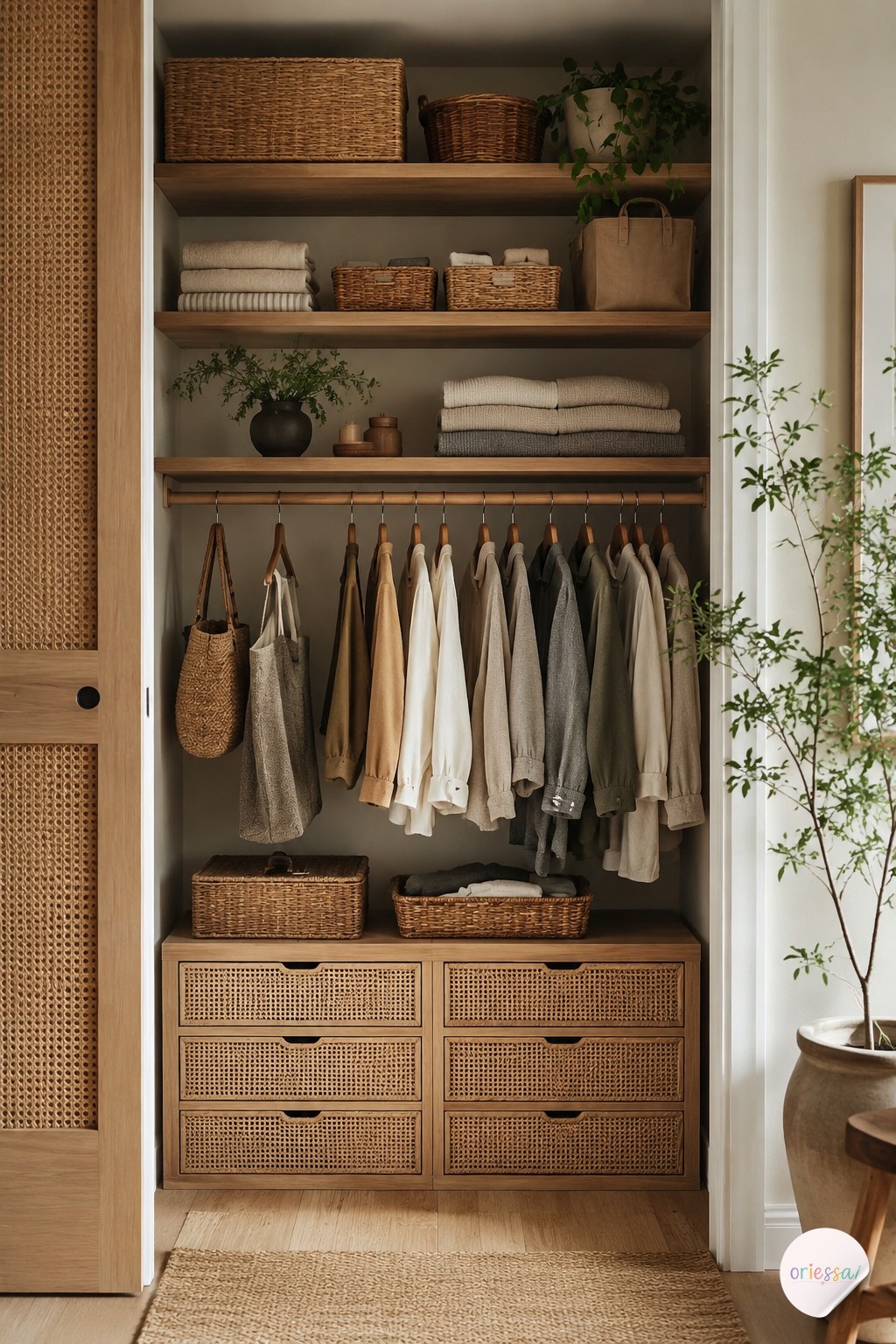 A leaning vertical shoe rack fits boots and sneakers into an awkward closet corner without mounting hardware.