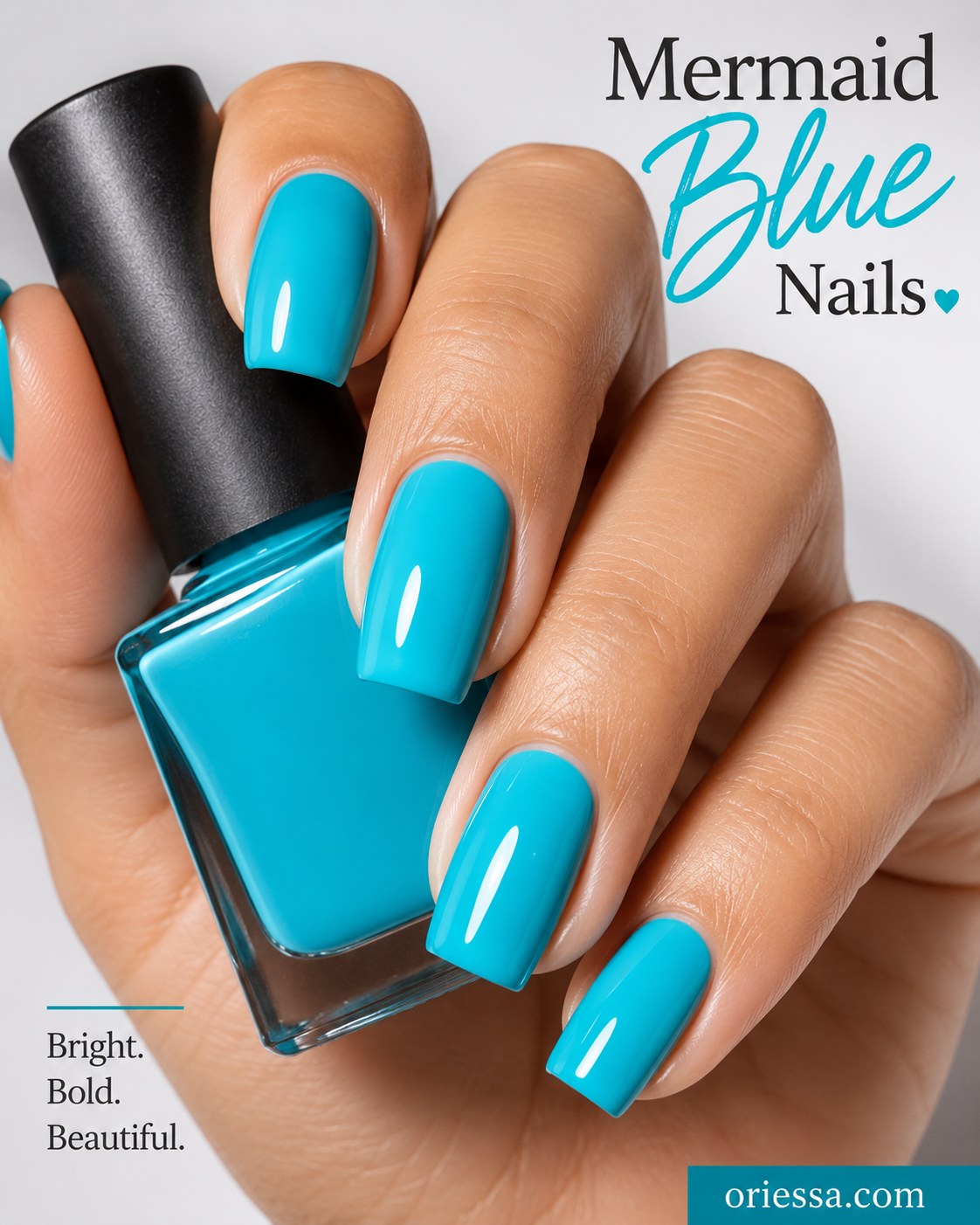 Bright mermaid blue polish, a bold summer nail color for dark skin on square-tip nails