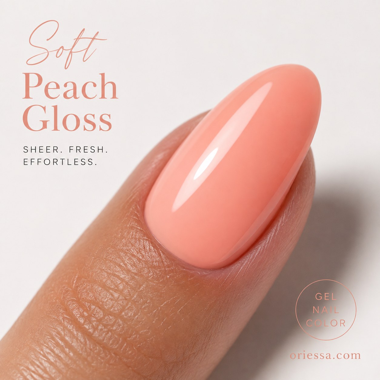 Sheer soft peach gloss gel manicure, a subtle summer nail color choice for dark skin