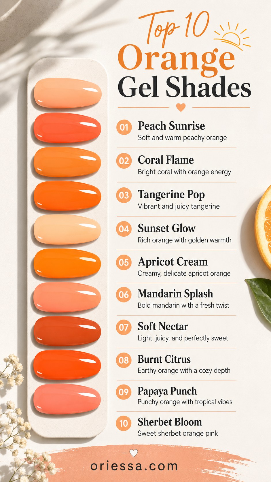 Top orange gel polish shades chart, warm summer nail colors that flatter dark skin