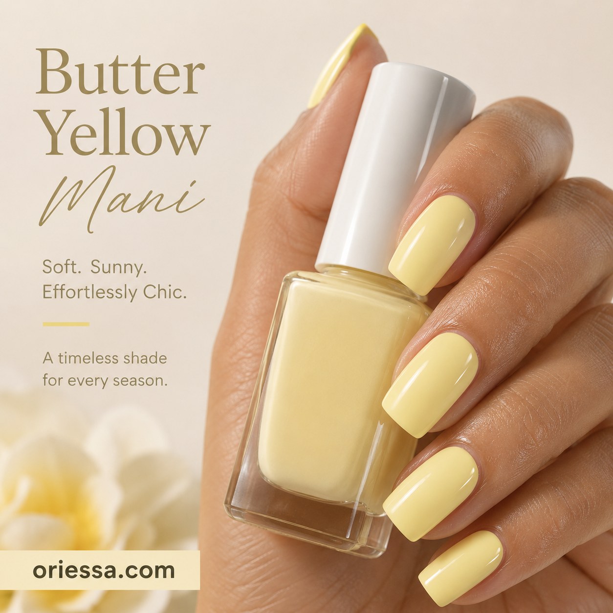 Butter yellow summer nail color for dark skin in a glossy square manicure