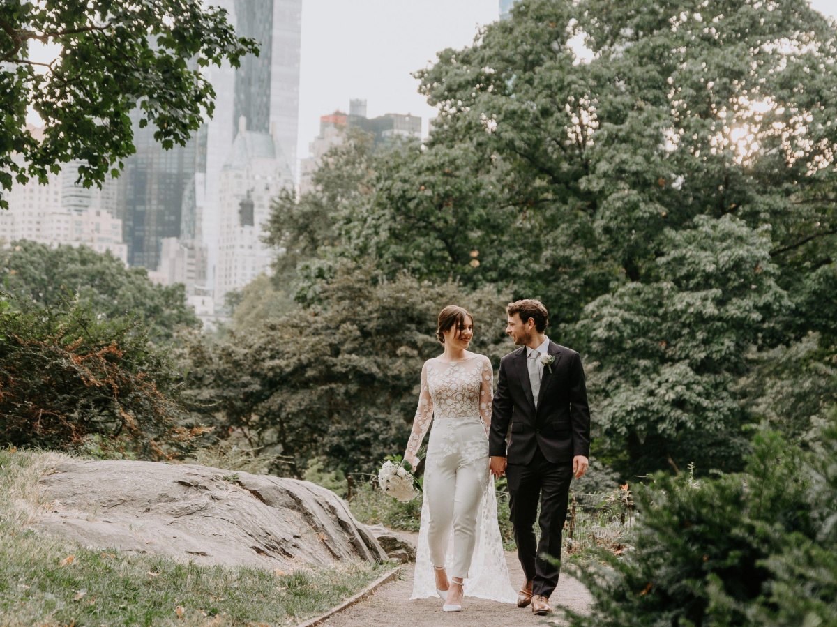 Urban park wedding elopement couple greenery