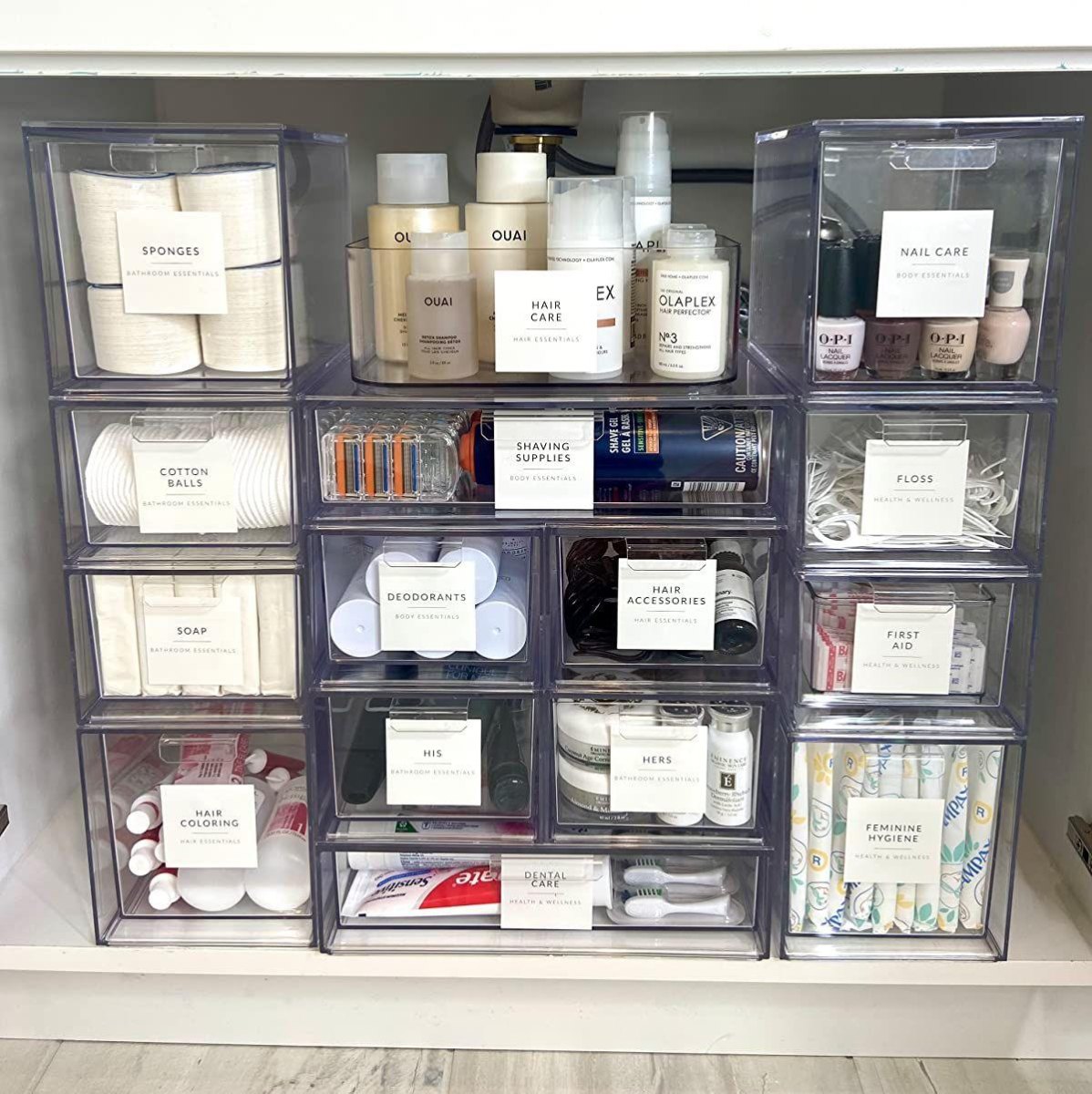 Labeled bathroom drawer organizers