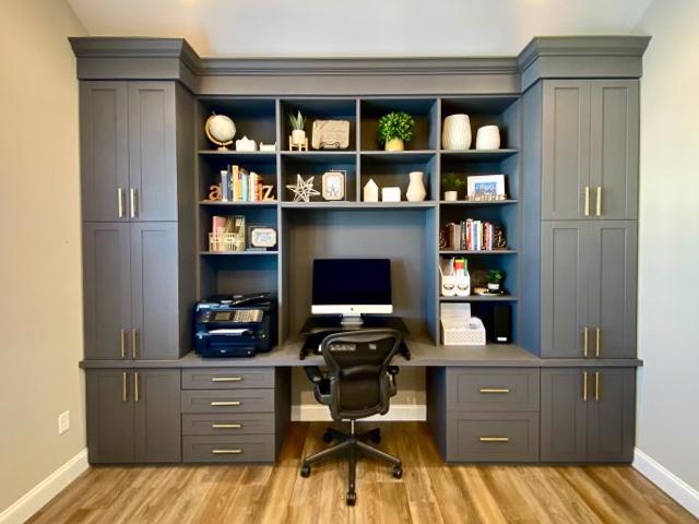 Home office storage shelves and bins