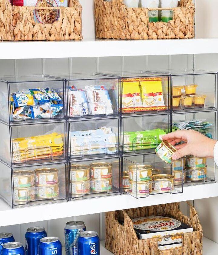 Stackable bins in compact pantry